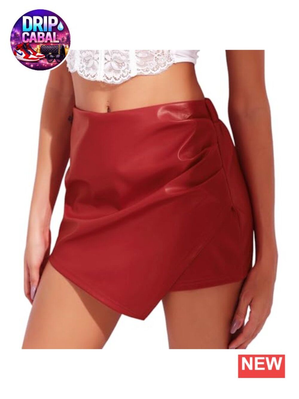 Faux Leather High Waist Asymmetrical Ruched Wrap Skort Skirt